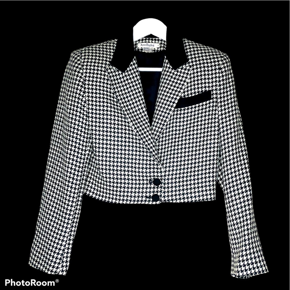 Ann Taylor Blazer Plaid Wool Houndstooth White Cropped Black 80s Vintage Bolero